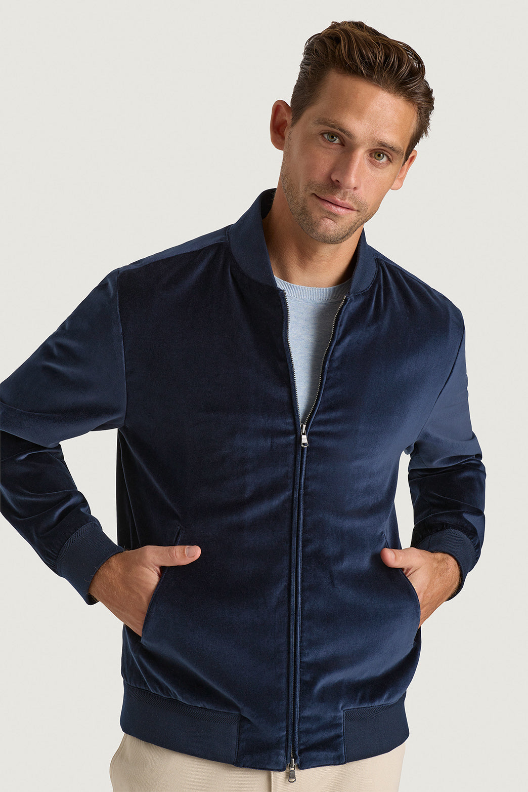 Caproni Velvet Bomber in Navy - men’s velvet bomber jacket